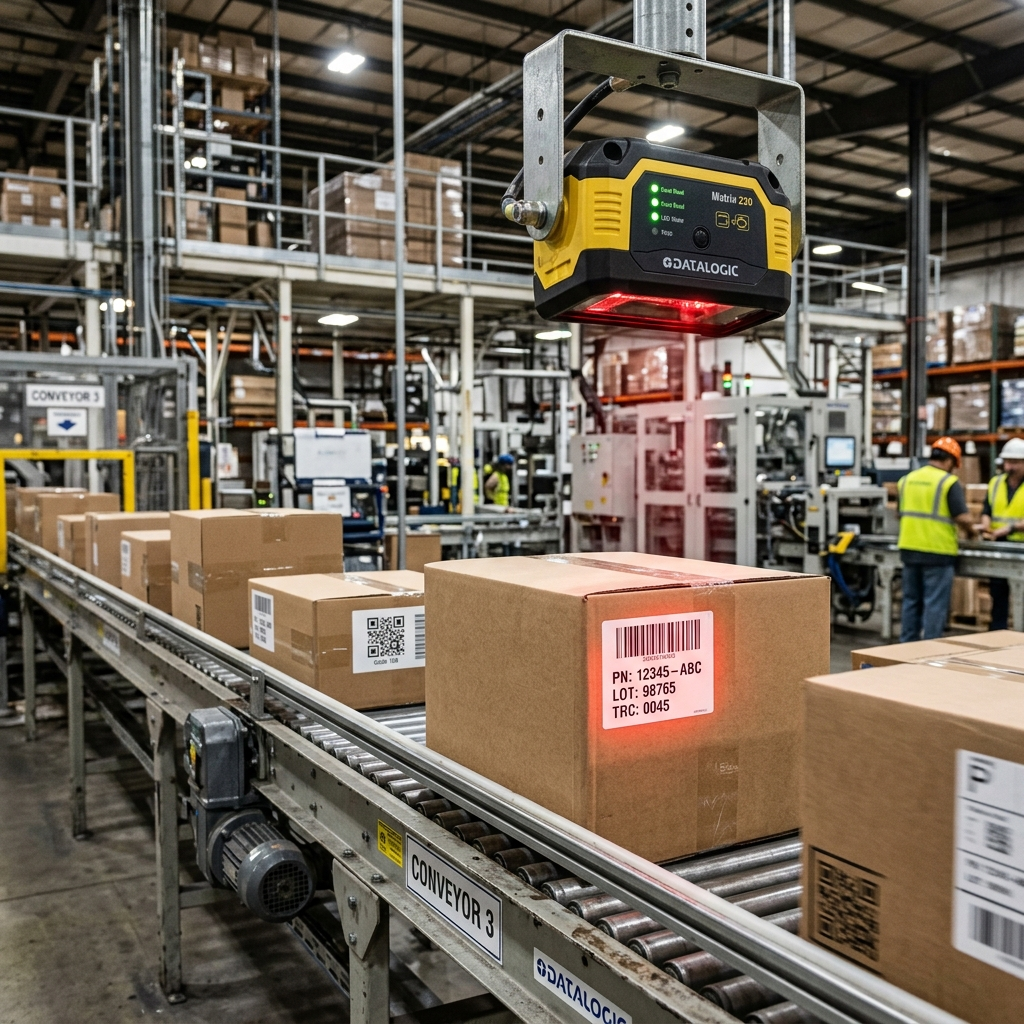 Barcode reader di conveyor gudang